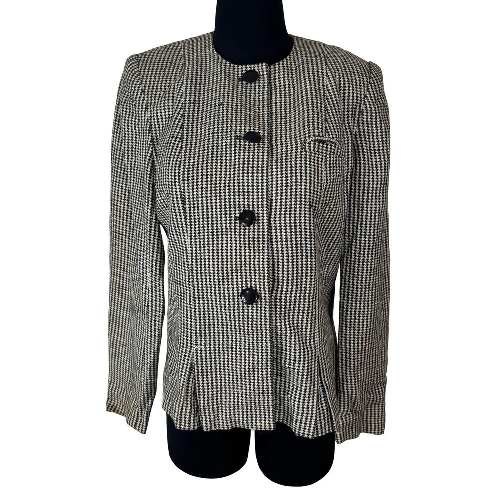 Vintage 90s Houndstooth Blazer Cotton Linen Collarless Jacket Dark Academia 10